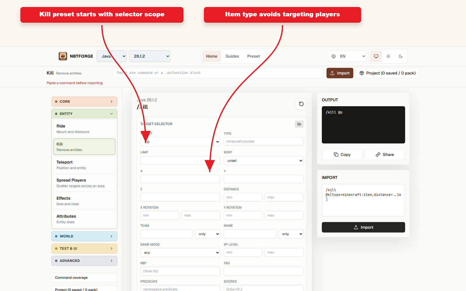 NBTForge Kill workbench configured for Kill command preset for cleanup.