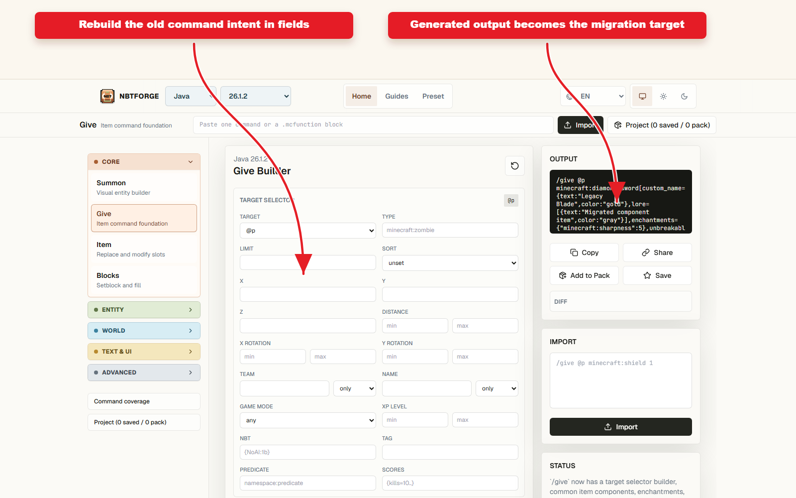 NBTForge Advanced workbench configured for Legacy Java command preset migration.