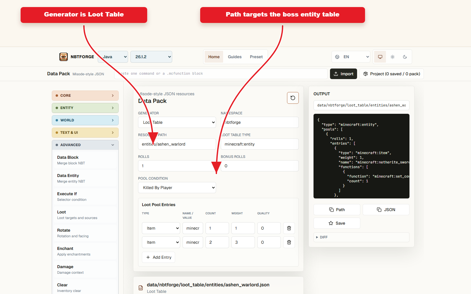 NBTForge Data Pack workbench configured for Loot table preset for boss drops.