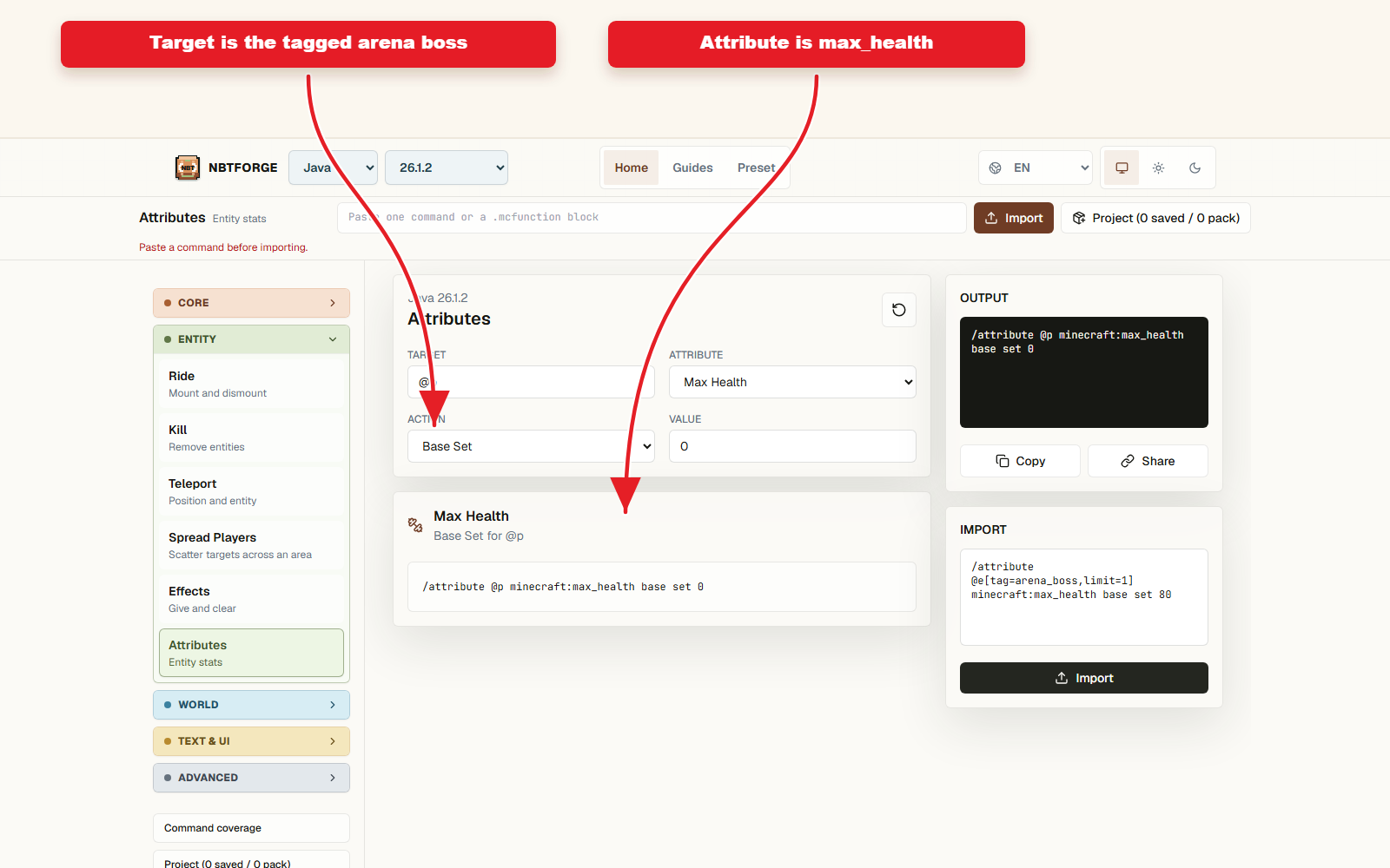 NBTForge Attributes workbench configured for Attribute preset for max health.