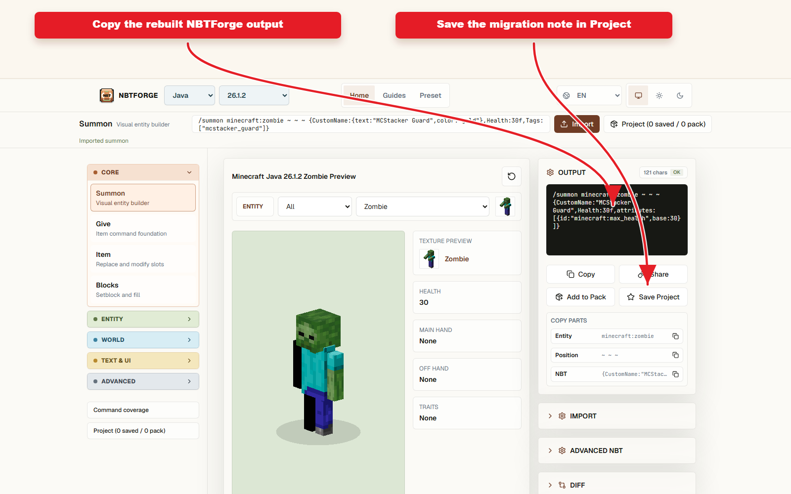 Copy-ready output for MCStacker to NBTForge preset migration.