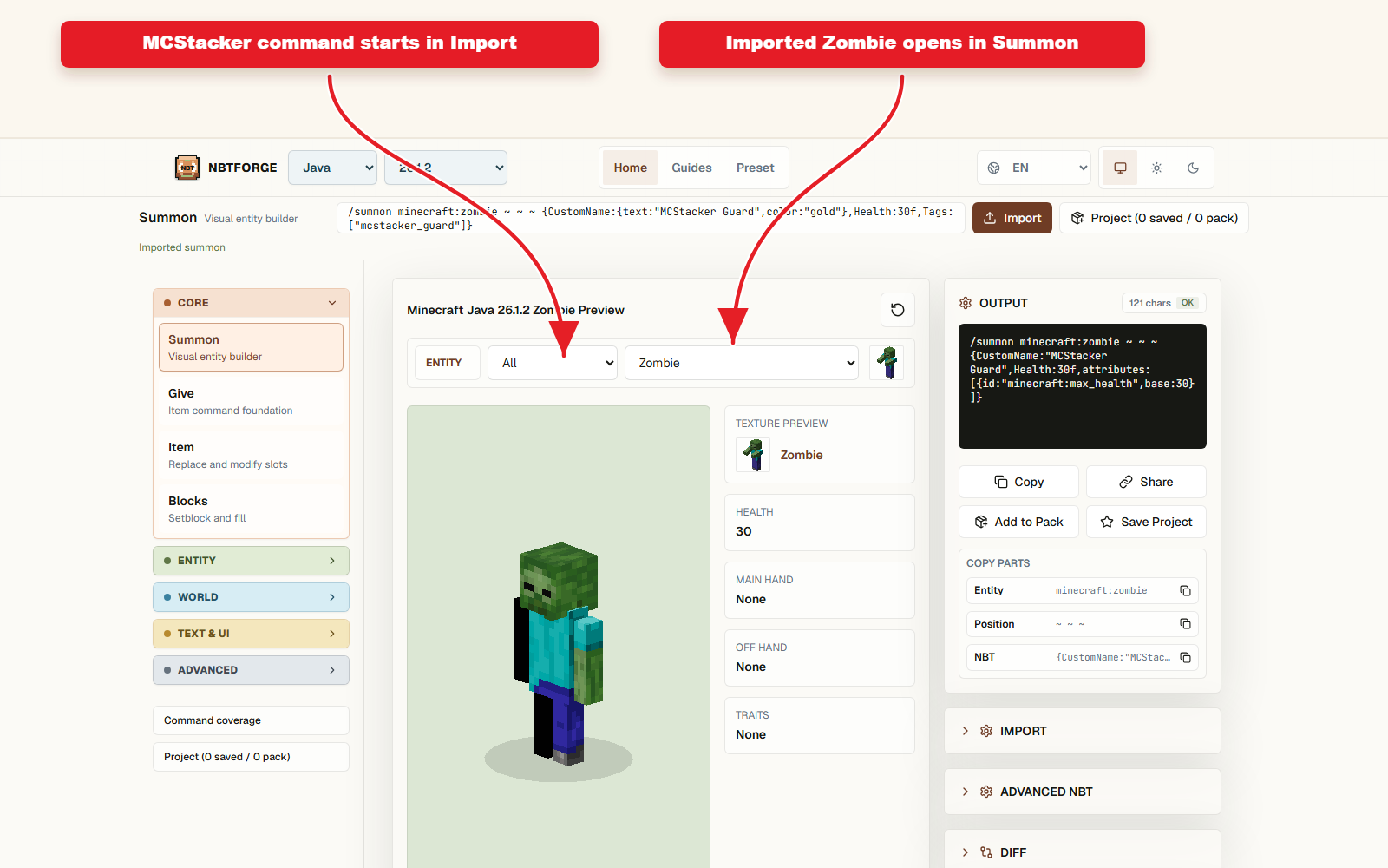 NBTForge Project workbench configured for MCStacker to NBTForge preset migration.
