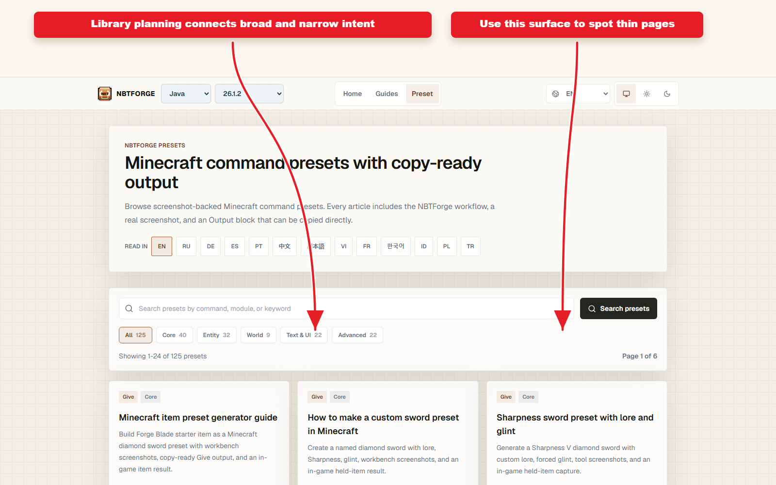 Copy-ready output for SEO-friendly Minecraft preset library plan.