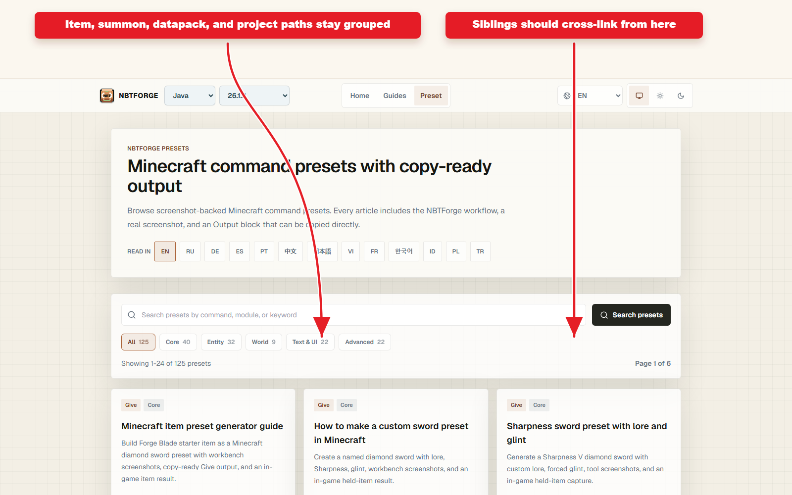 Detailed Preset controls for SEO-friendly Minecraft preset library plan.
