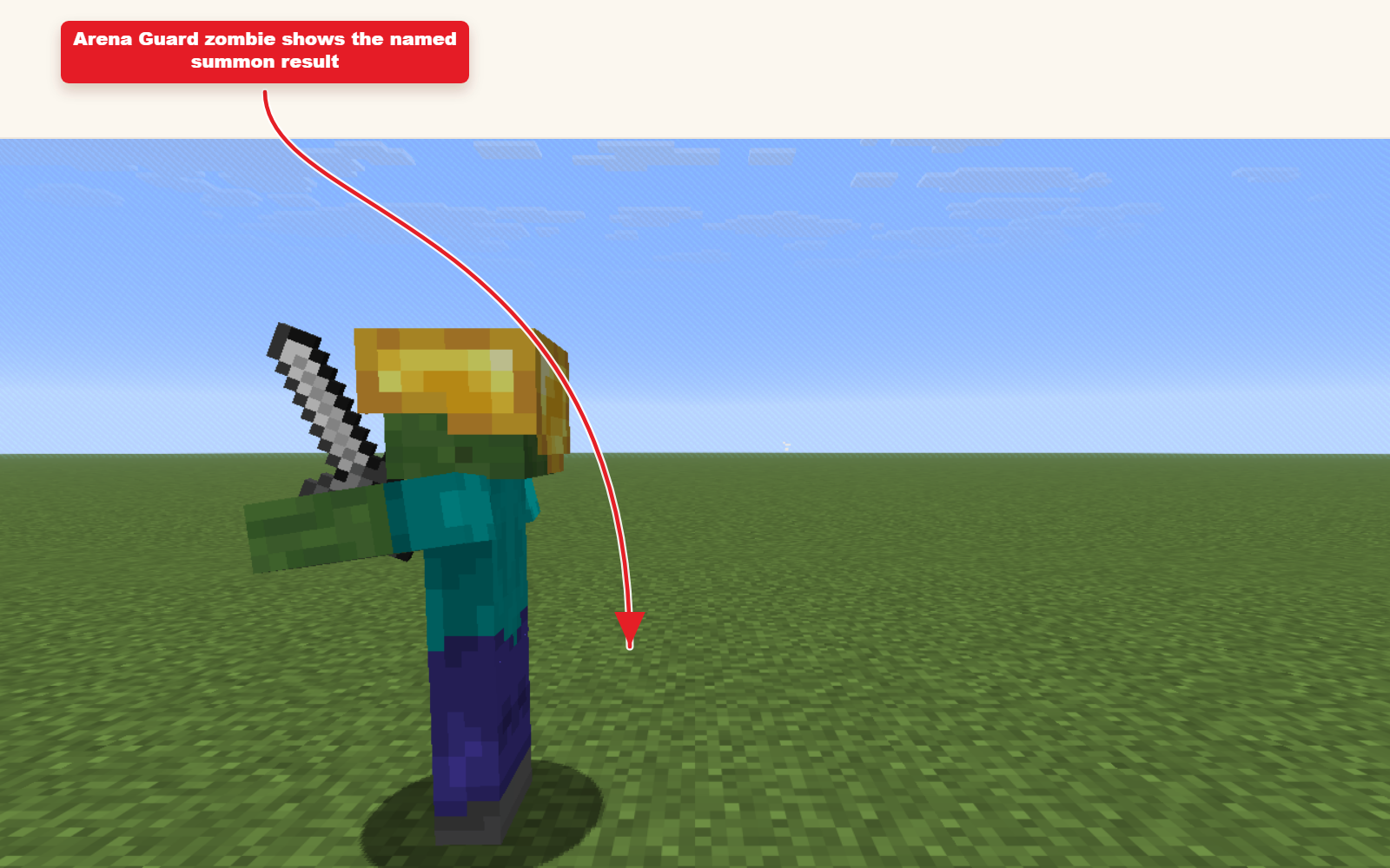 In-game screenshot showing Arena Guard zombie summon spawned from the preset command.