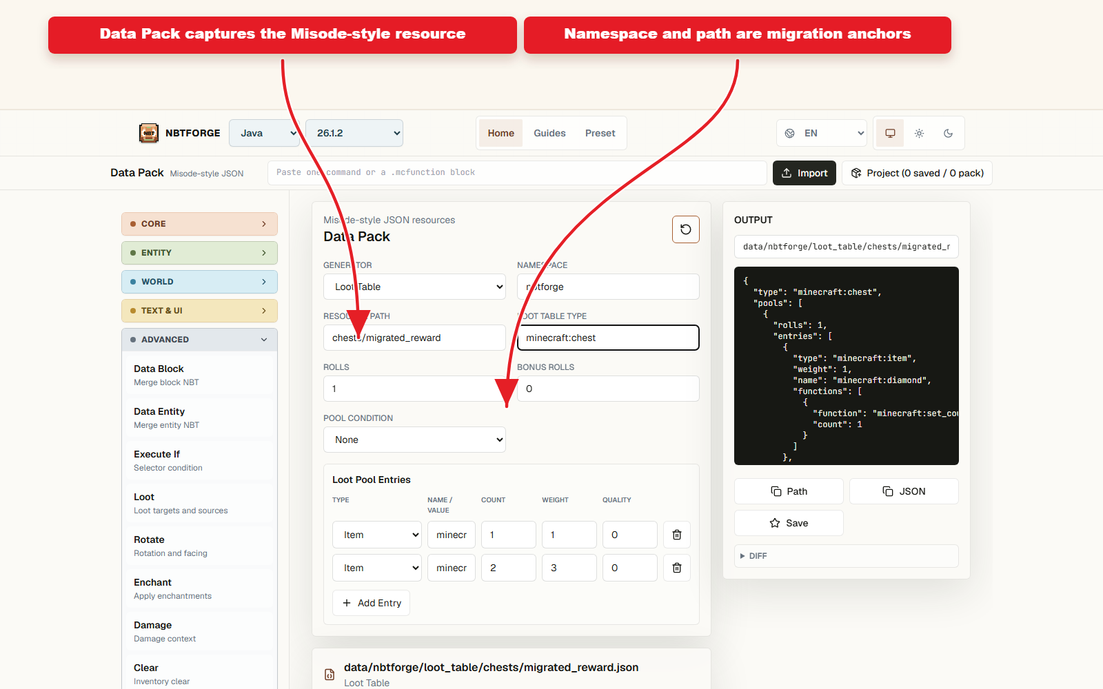 NBTForge Data Pack workbench configured for Misode to NBTForge datapack preset workflow.