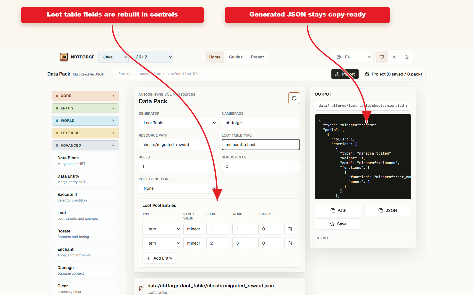 Detailed Data Pack controls for Misode to NBTForge datapack preset workflow.
