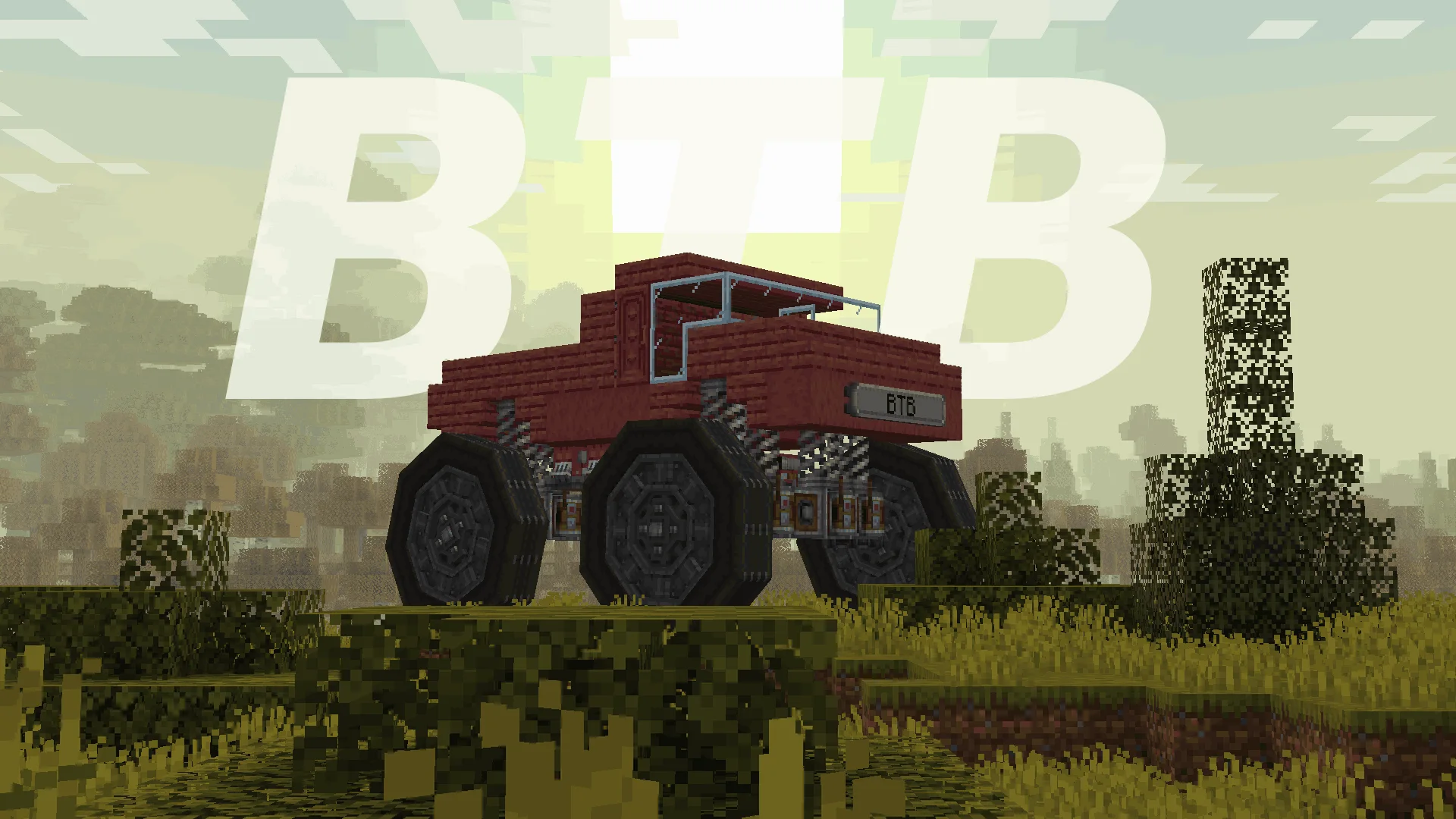 Monster Truck red with Mangrove Planks, Mangrove Slab, Mangrove Stairs, Redstone Link, Stripped Mangrove Log, Framed Glass, Spring, and Light Gray Nameplate, visible proportions, and a 7 x 6 x 13 schematic footprint.