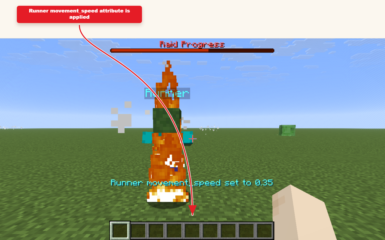 In-game Minecraft screenshot showing the result for Movement speed attribute preset.
