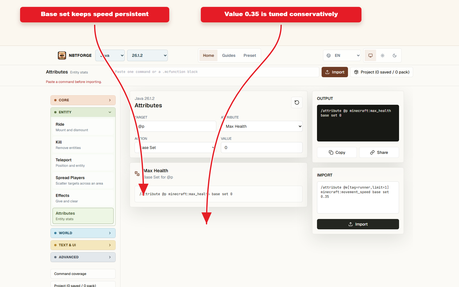 Detailed Attributes controls for Movement speed attribute preset.