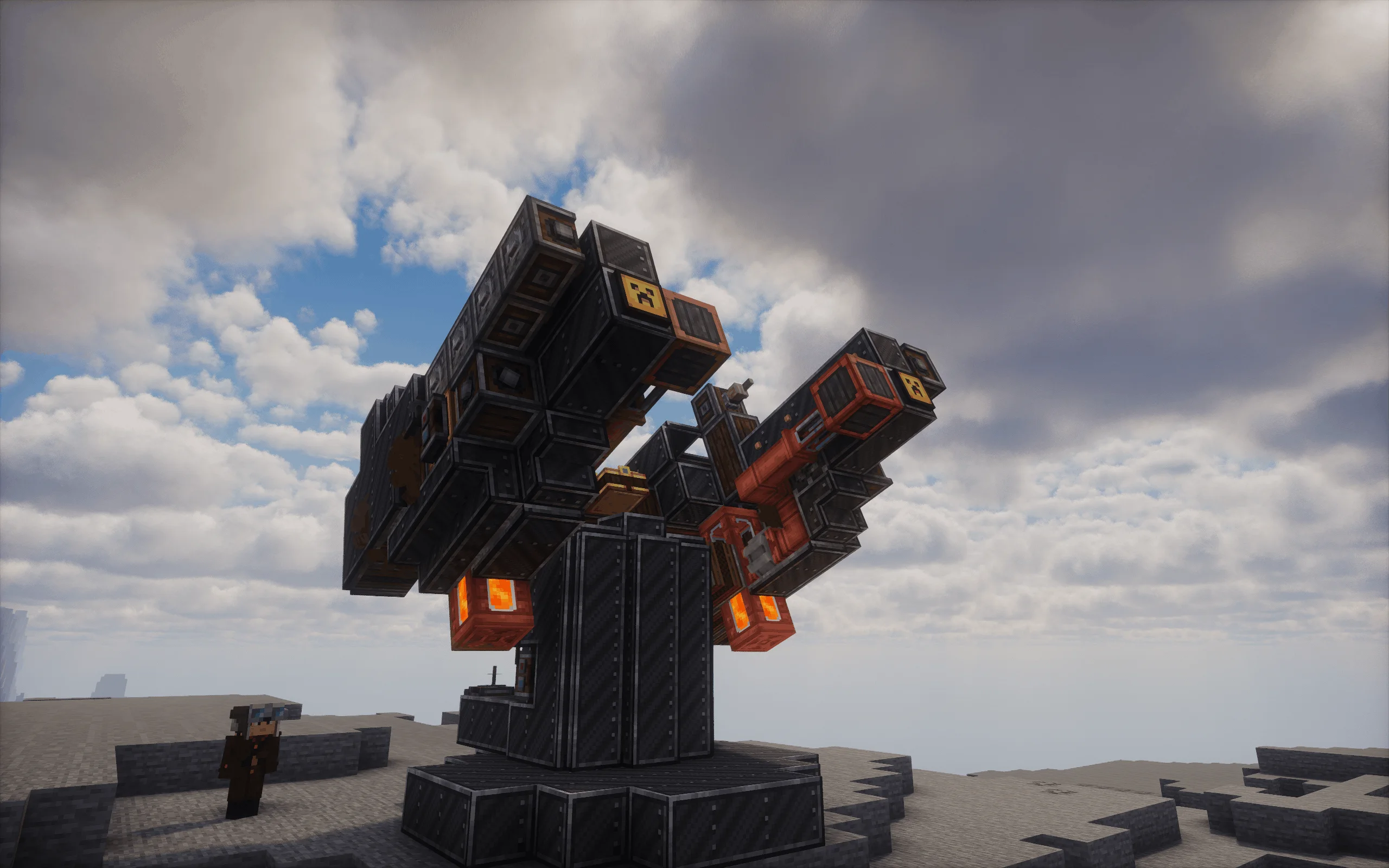 Multi-rocket launcher "Iris" with Gray Slashed Locometal, Copycat Panel, Redstone Link, Encased Chain Drive, Deployer, Copycat Stairs, Fluid Pipe, and Andesite Encased Cogwheel, visible proportions, and a 12 x 11 x 11 schematic footprint.