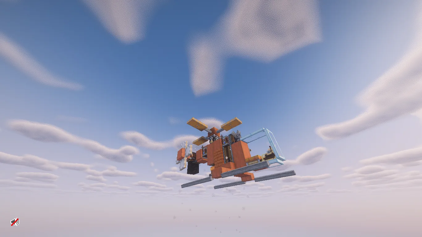 Orange Scout Helicopter with Stripped Acacia Wood, Shaft, Copycat Panel, Orange Symmetric Sail, Redstone Link, Yellow Symmetric Sail, Acacia Planks, and Framed Glass Trapdoor, visible proportions, and a 9 x 7 x 11 schematic footprint.