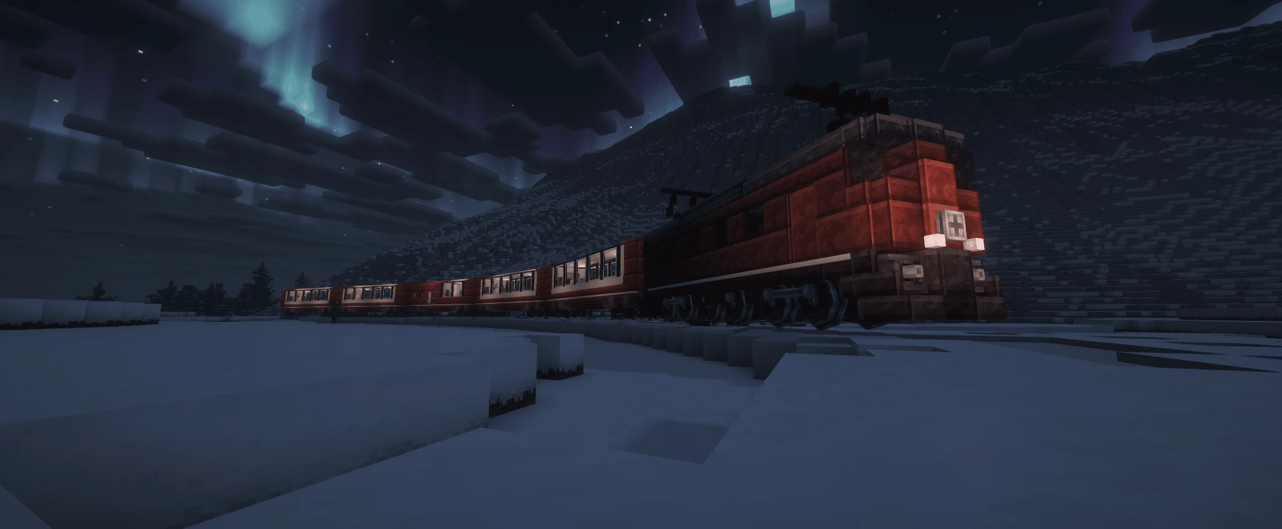 Panoramic Train Swiss voyager (SBB Re 6x6) with Copycat Slice, Copycat Layer, Copycat Vertical Half Layer, Copycat Slope Layer, Layered Diorite, Copycat Stacked Half Layer, Track, and Copycat Slab, visible proportions, and a 5 x 8 x 107 schematic footprint.
