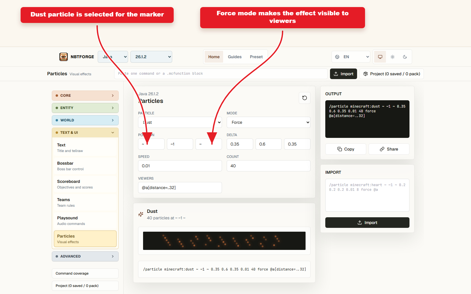NBTForge Particles workbench configured for the particle preset generator.