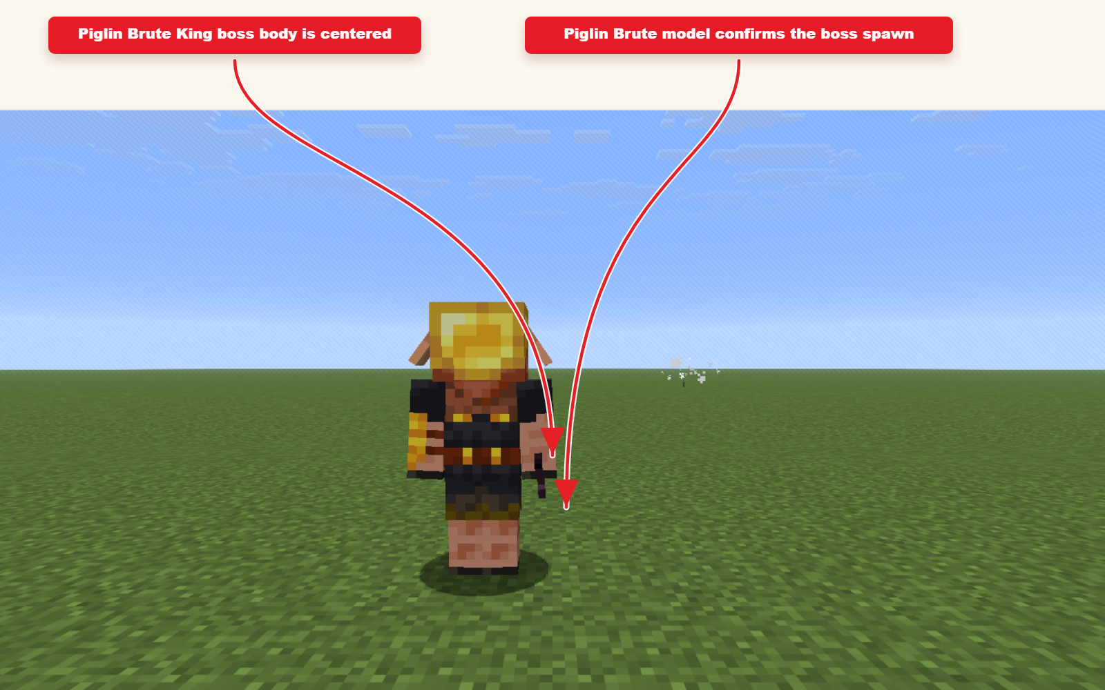 In-game screenshot showing Piglin Brute King spawned from the boss preset.