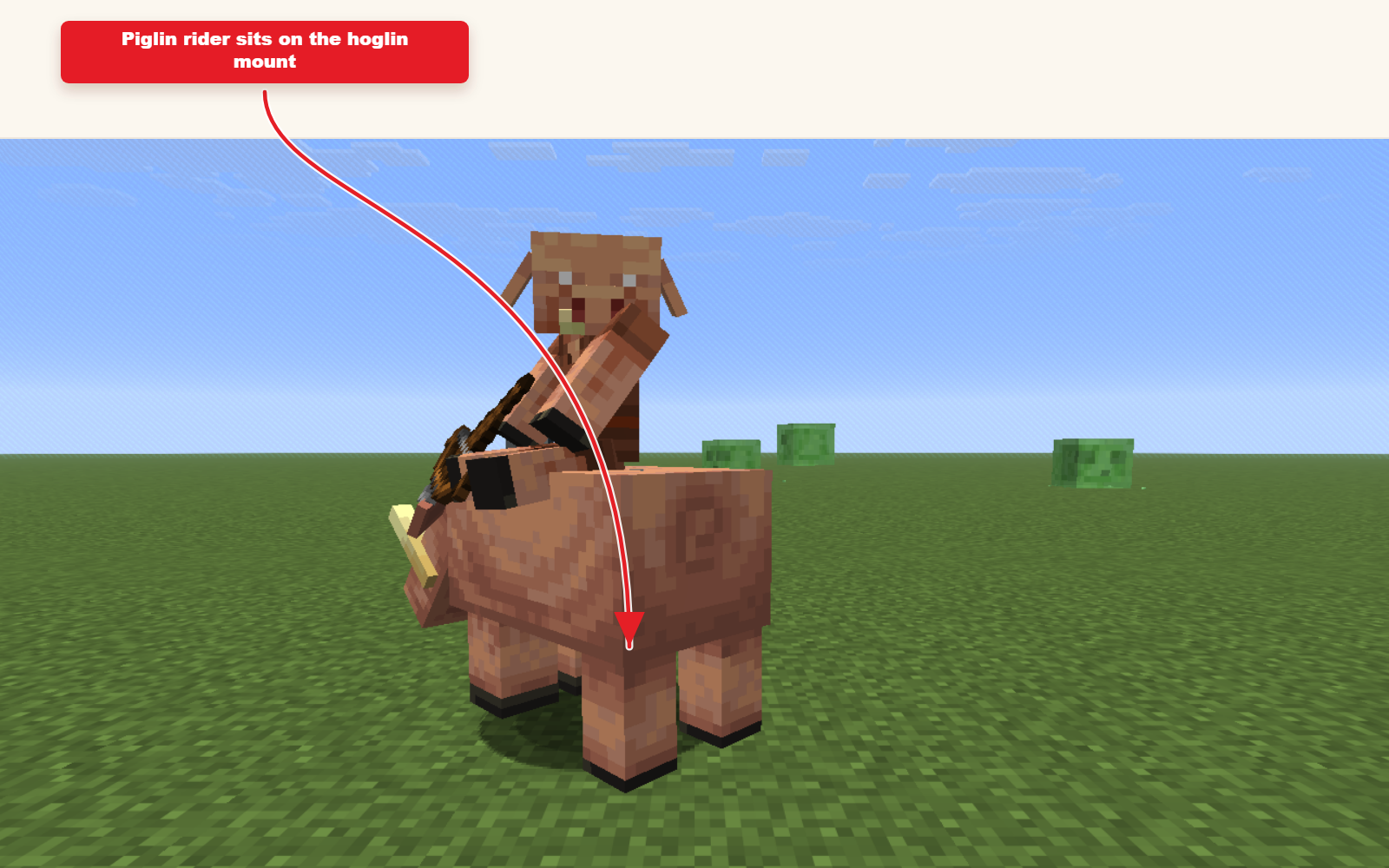 In-game screenshot showing piglin riding hoglin spawned from the preset command.
