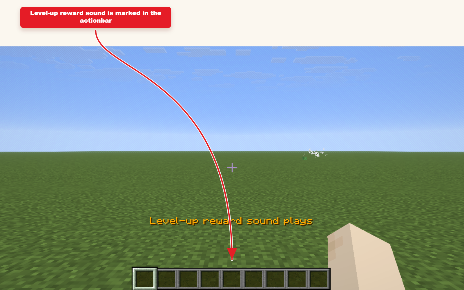 In-game Minecraft screenshot showing Playsound preset for quest rewards result.