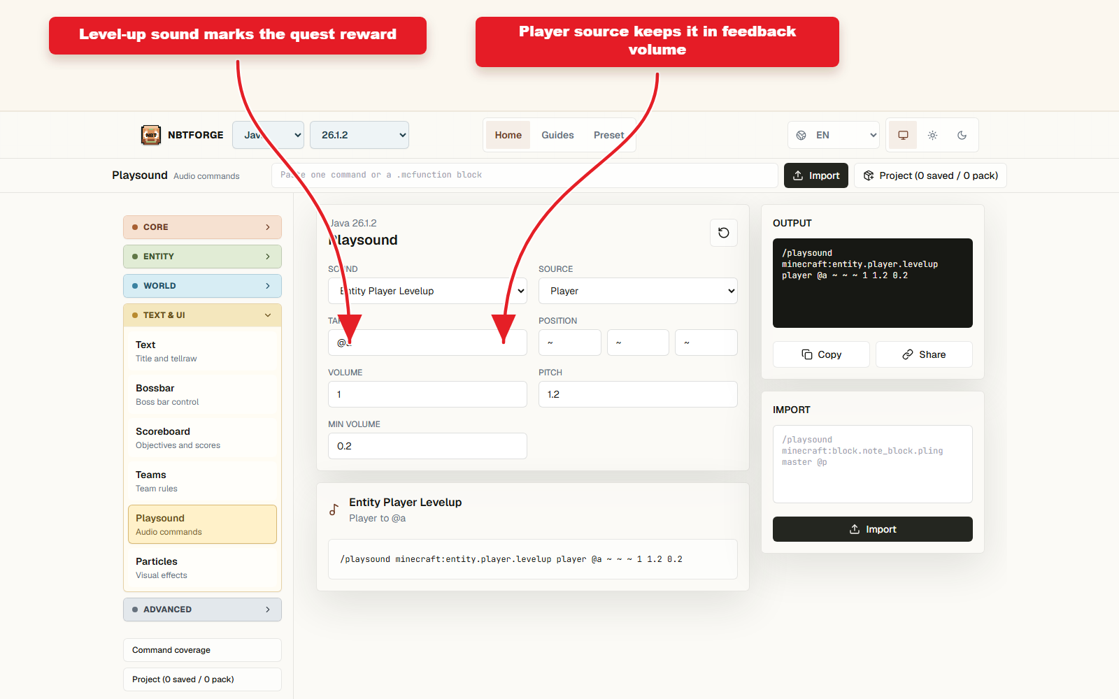 NBTForge Playsound workbench configured for Playsound preset for quest rewards.