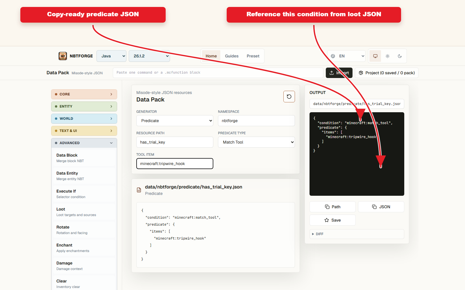 Copy-ready output for Predicate preset for conditional loot.
