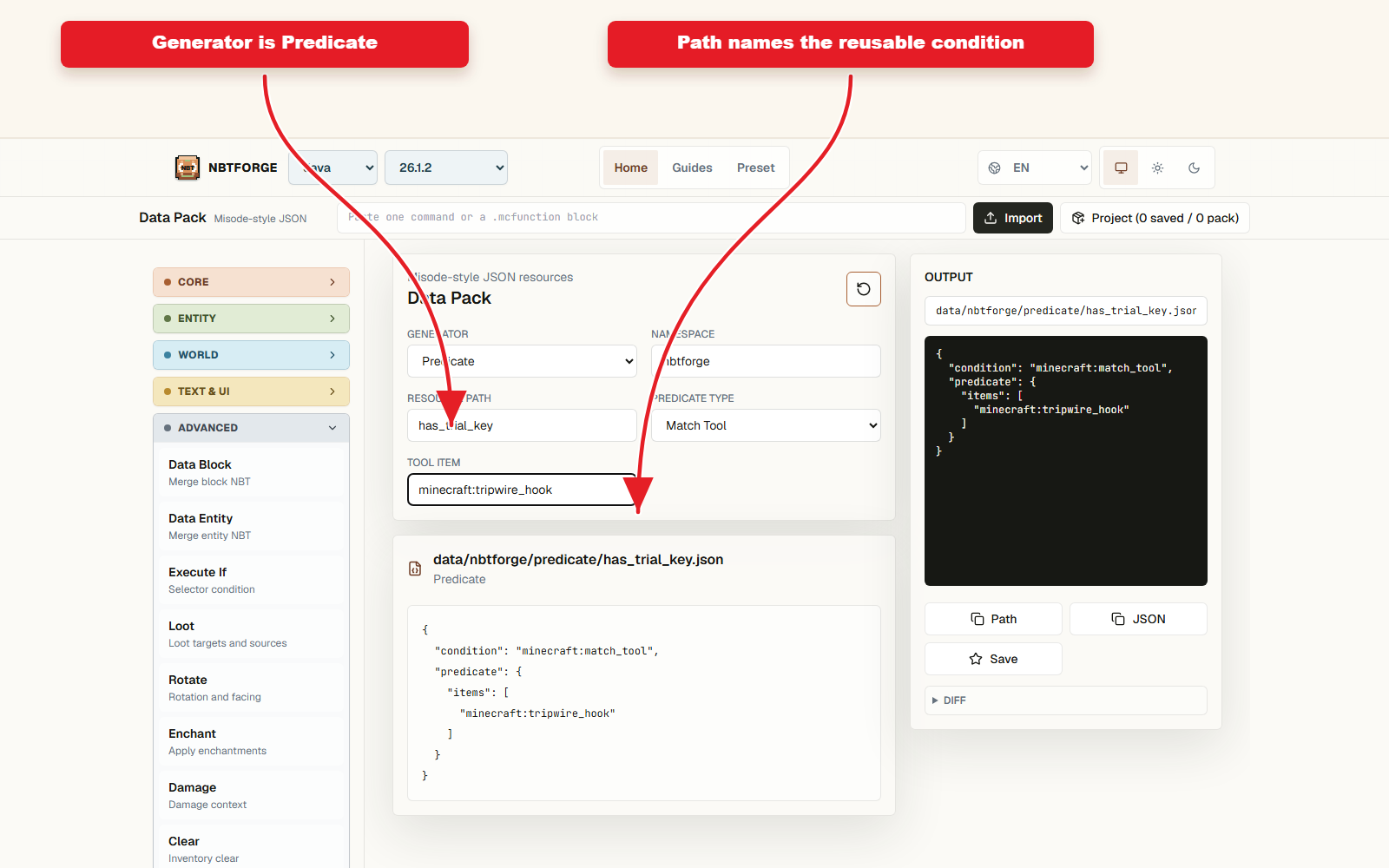 NBTForge Data Pack workbench configured for Predicate preset for conditional loot.