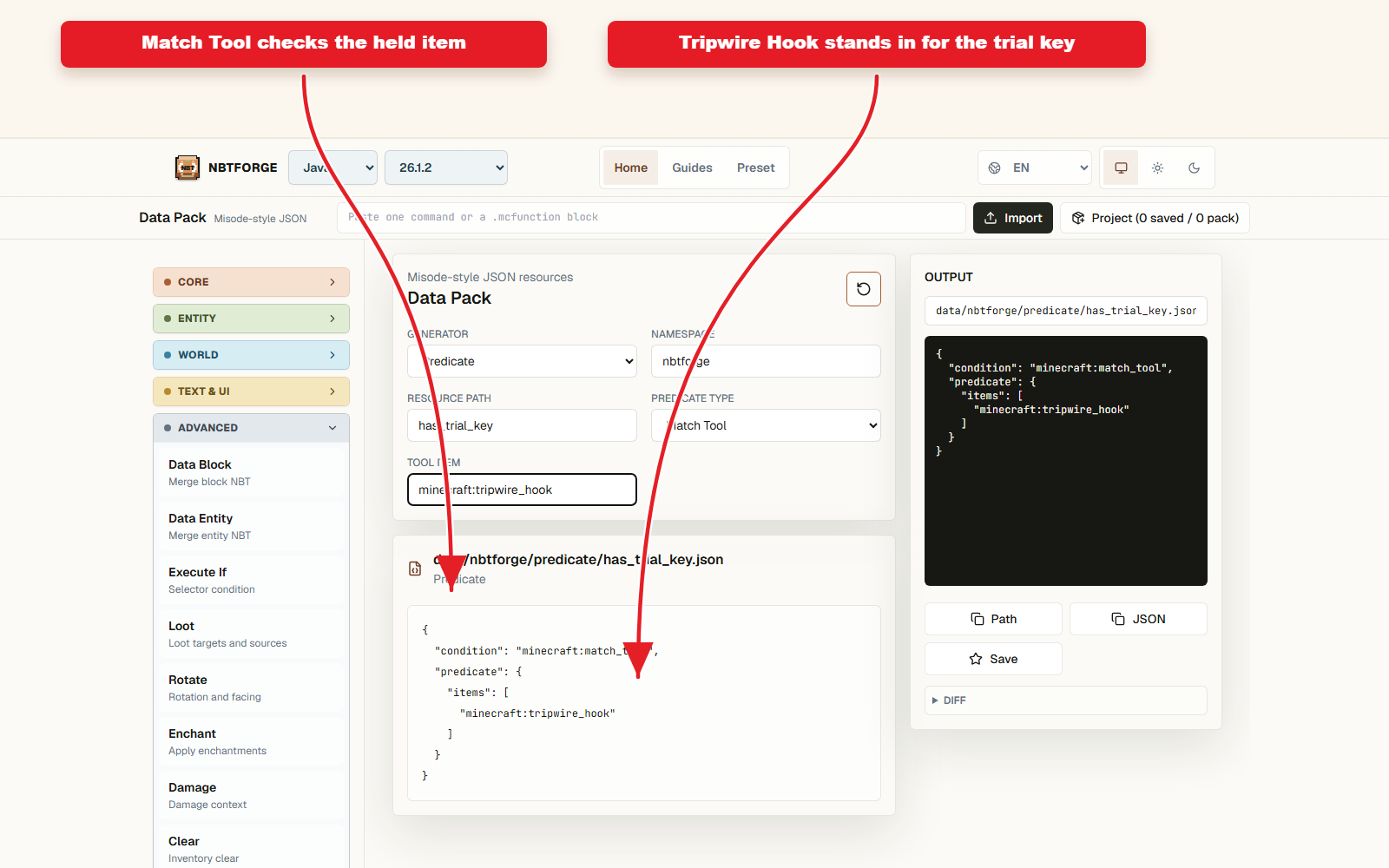 Detailed Data Pack controls for Predicate preset for conditional loot.