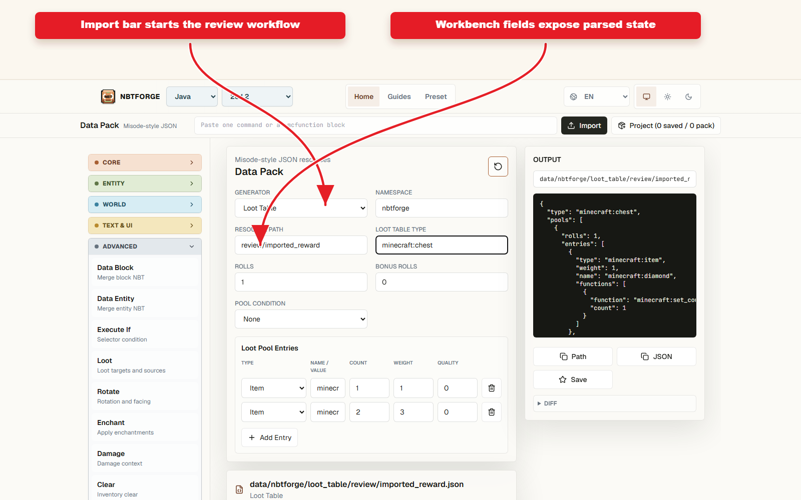 NBTForge Output workbench configured for Preset import and diff workflow.