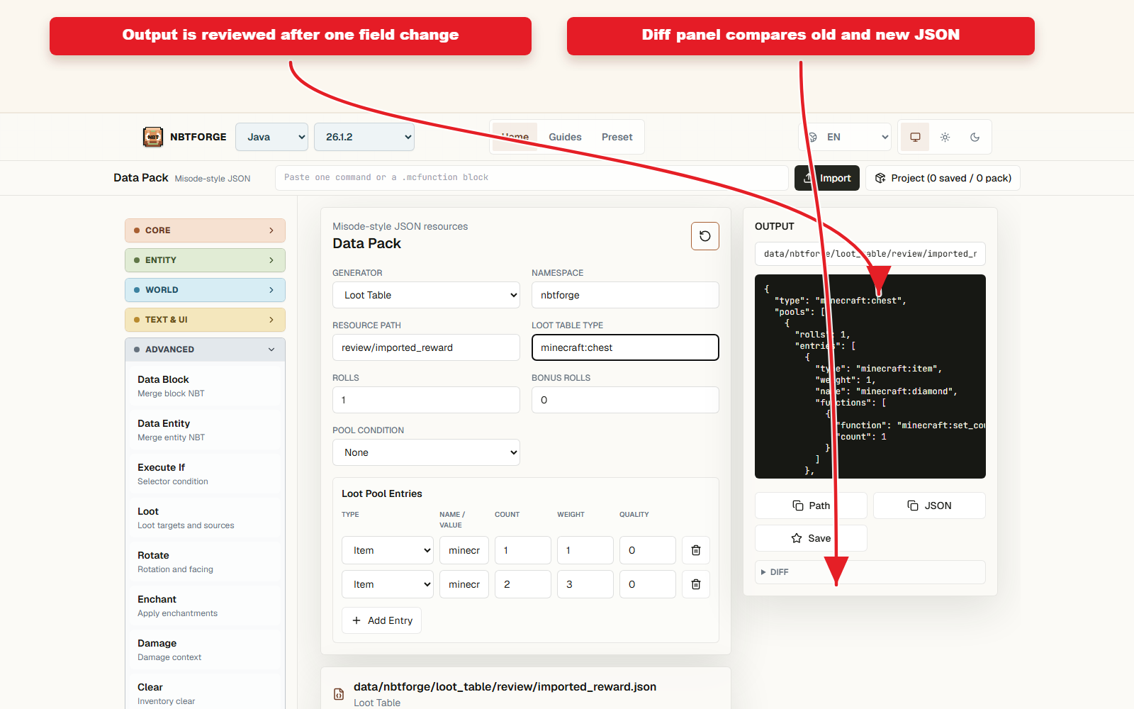 Detailed Output controls for Preset import and diff workflow.
