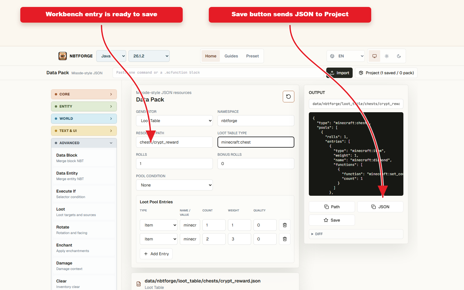 NBTForge Project workbench configured for Project library preset workflow.