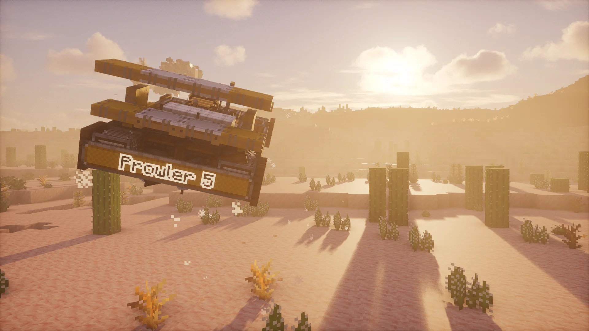 Prowler 5 Offroad Hovercraft (Survival Friendly, Stable) with Orange Symmetric Sail, Redstone Link, Spruce Trapdoor, Encased Chain Drive, Orange Nameplate, Nozzle, White Symmetric Sail, and Encased Fan, visible proportions, and a 6 x 4 x 8 schematic footprint.