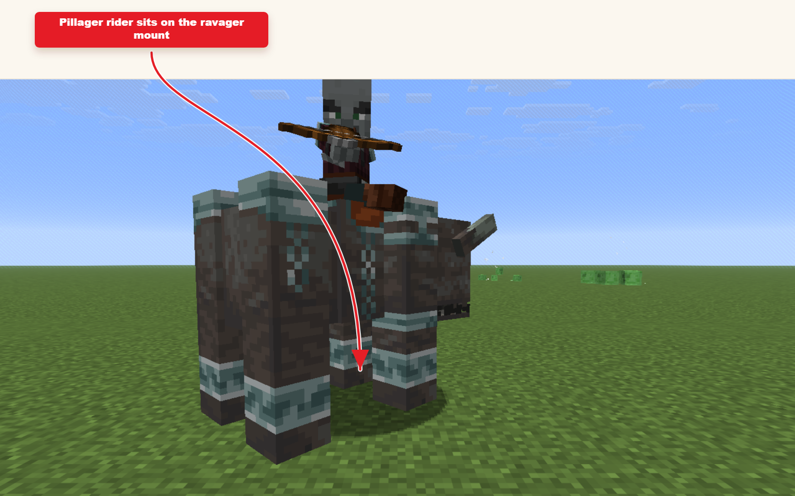 In-game screenshot of a pillager riding a ravager from the preset command.