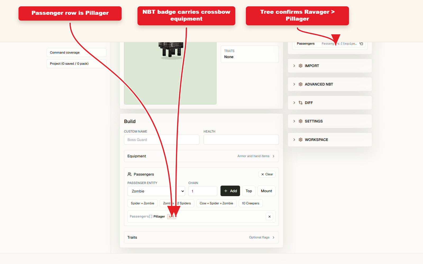 Passenger editor showing the pillager rider entry for the ravager preset.