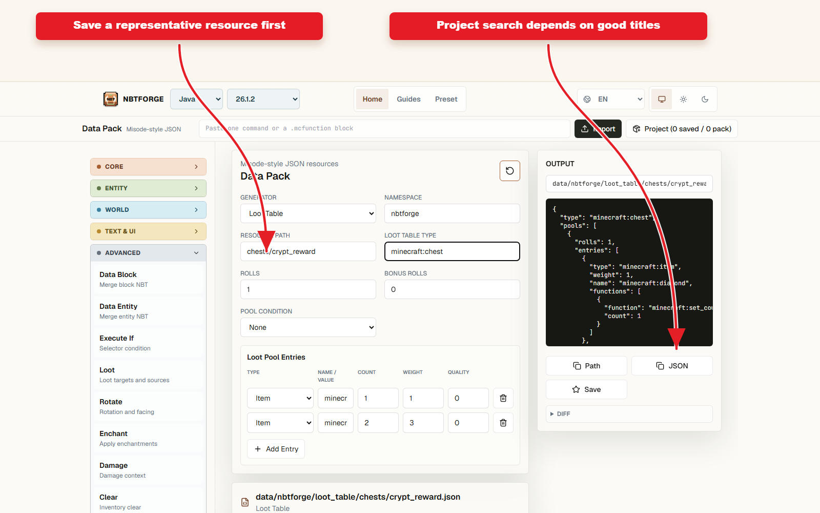 NBTForge Project workbench configured for Reusable command preset naming guide.