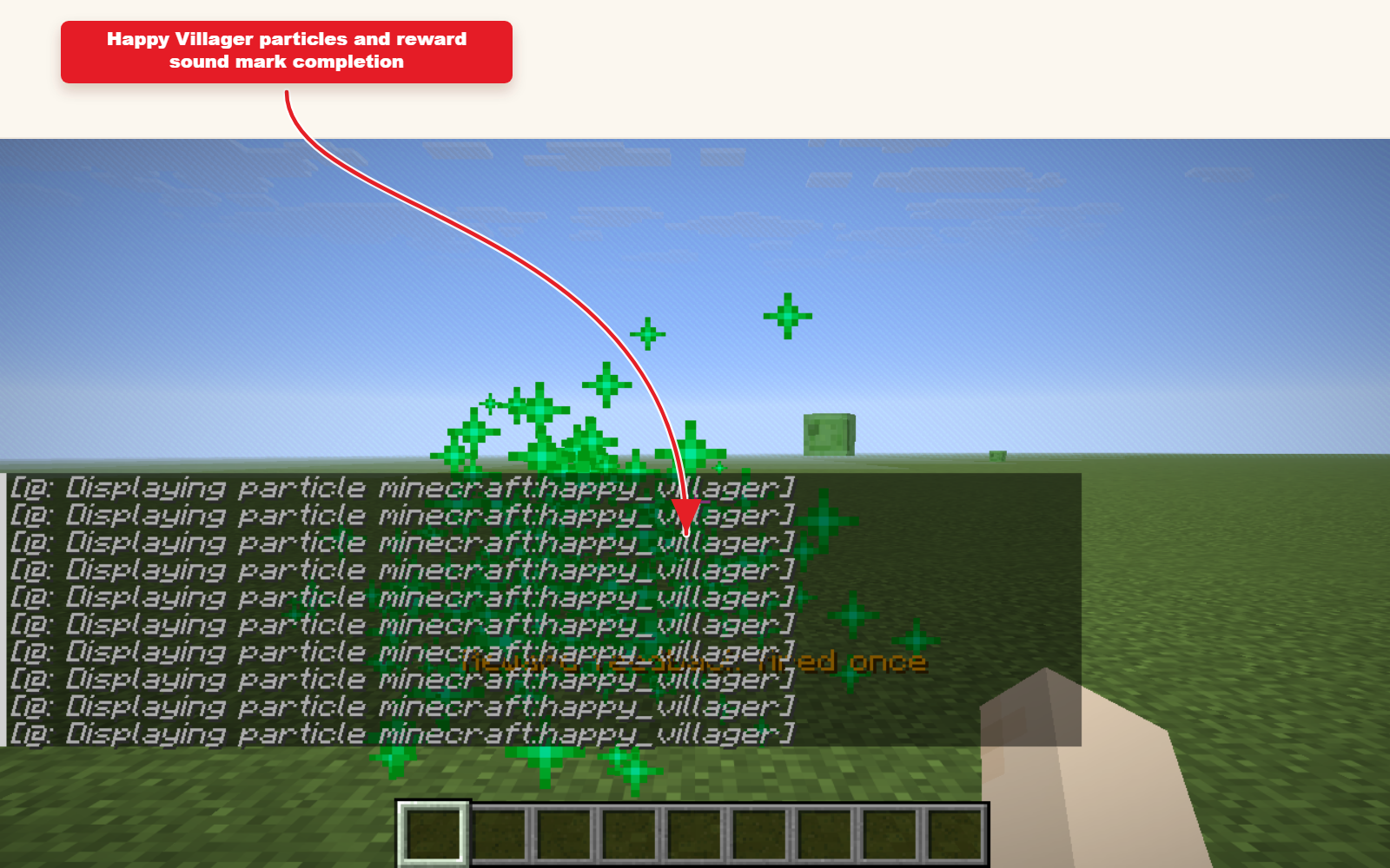 In-game Minecraft screenshot showing the result for Reward feedback preset with sound and particles.