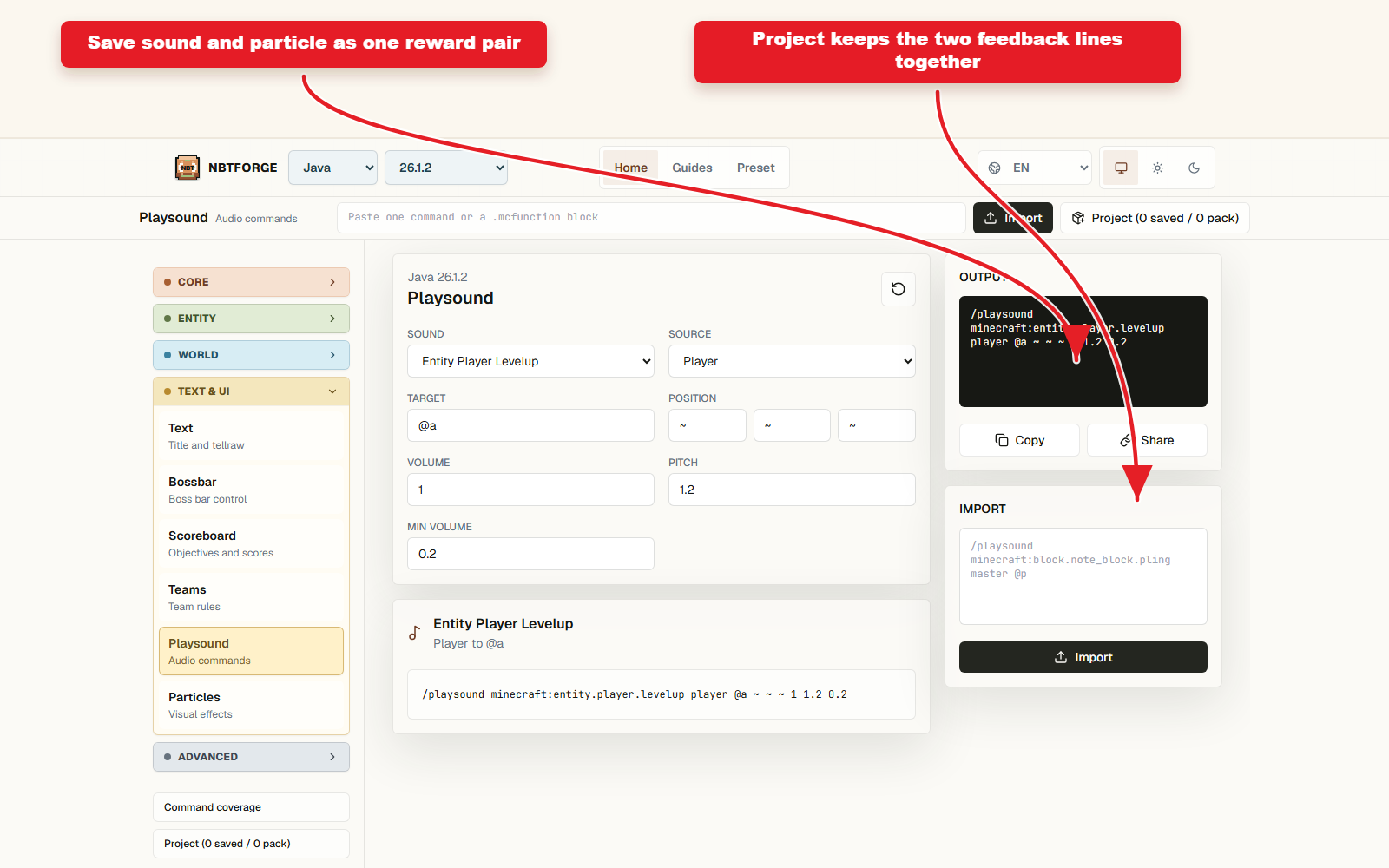 Copy-ready output for Reward feedback preset with sound and particles.