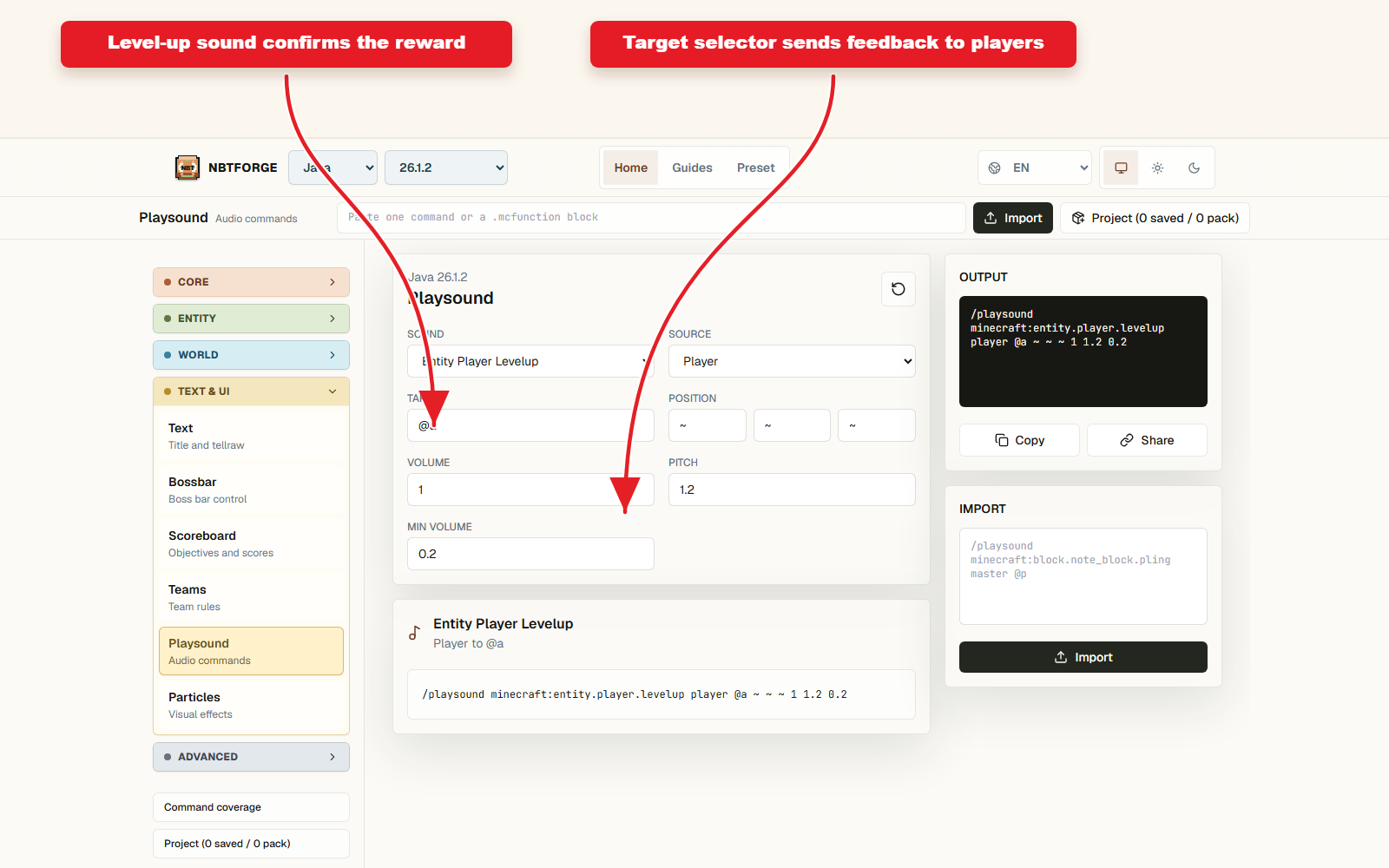 NBTForge Playsound and Particles workbench configured for Reward feedback preset with sound and particles.