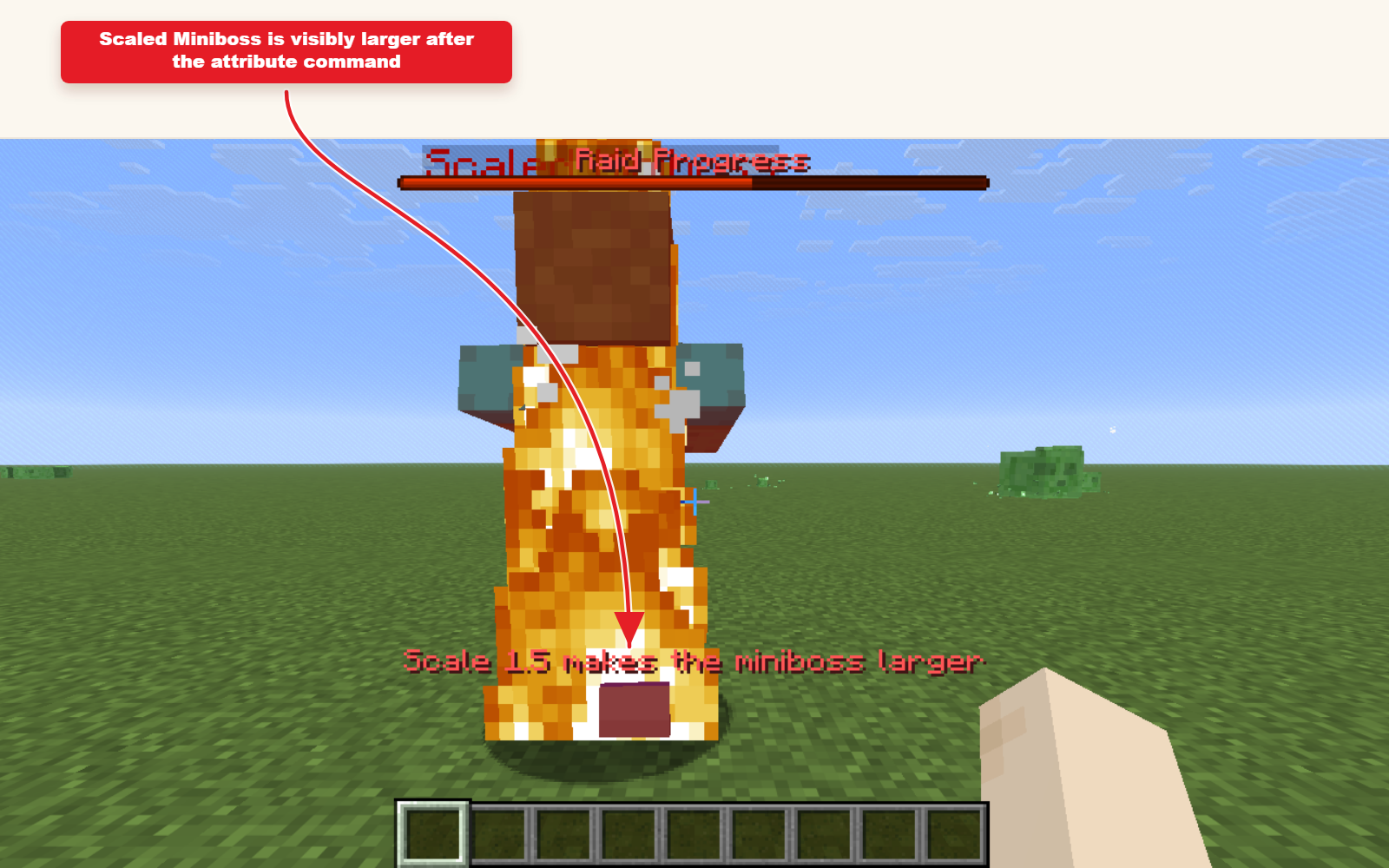 In-game Minecraft screenshot showing the result for Scale attribute preset for custom mobs.