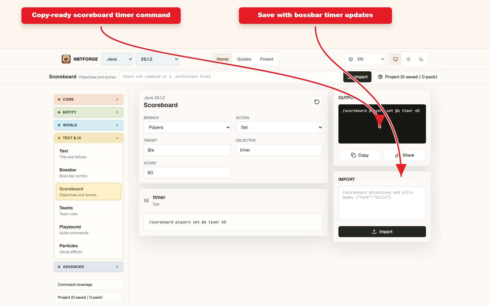 Copy-ready command output for Scoreboard timer preset command guide.