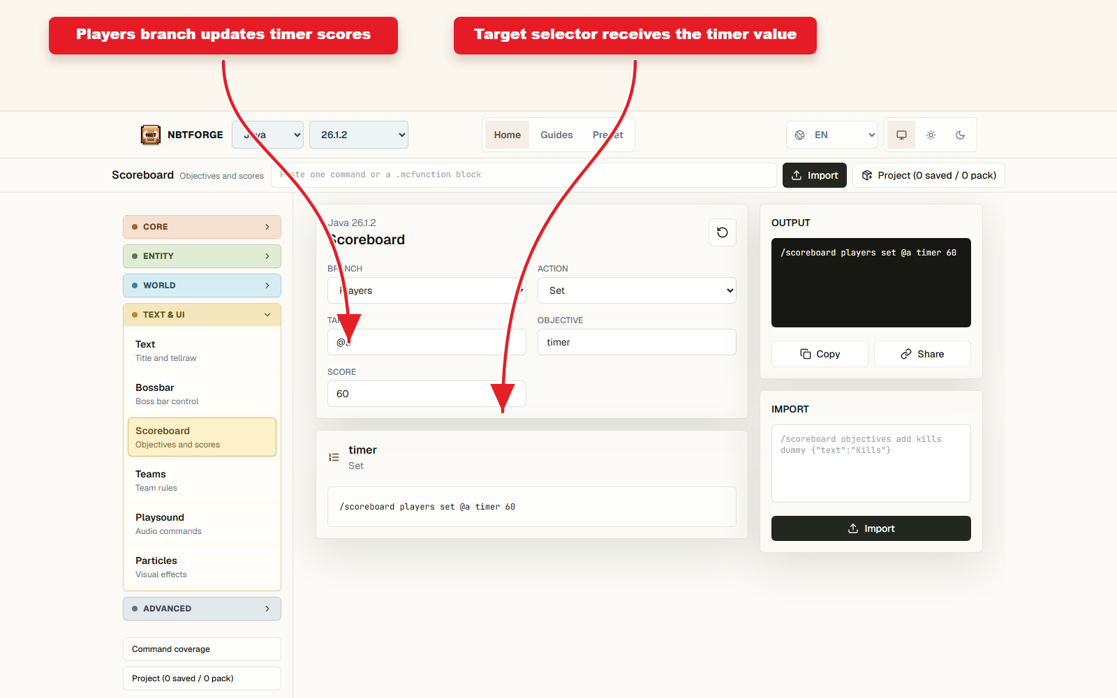 NBTForge Scoreboard workbench configured for Scoreboard timer preset command guide.