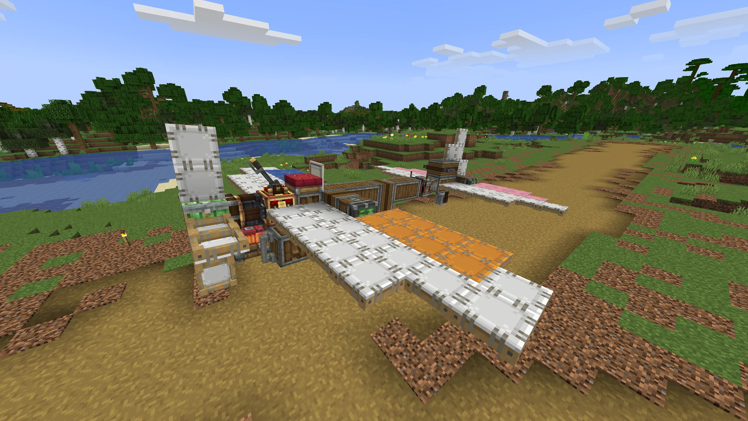 Simple plane by Polartt with White Sail, Pink Symmetric Sail, Encased Chain Drive, Orange Symmetric Sail, Blue Symmetric Sail, White Symmetric Sail, Andesite Encased Shaft, and Redstone Link, visible proportions, and a 16 x 6 x 15 schematic footprint.