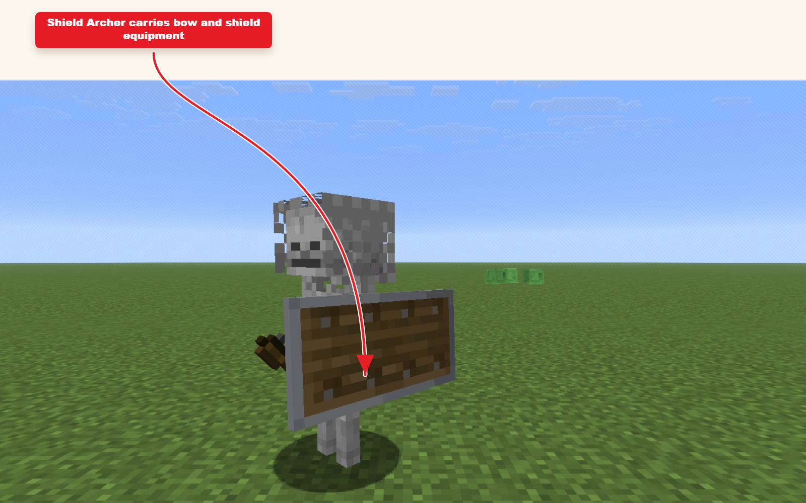 In-game screenshot showing Shield Archer skeleton boss spawned from the preset command.