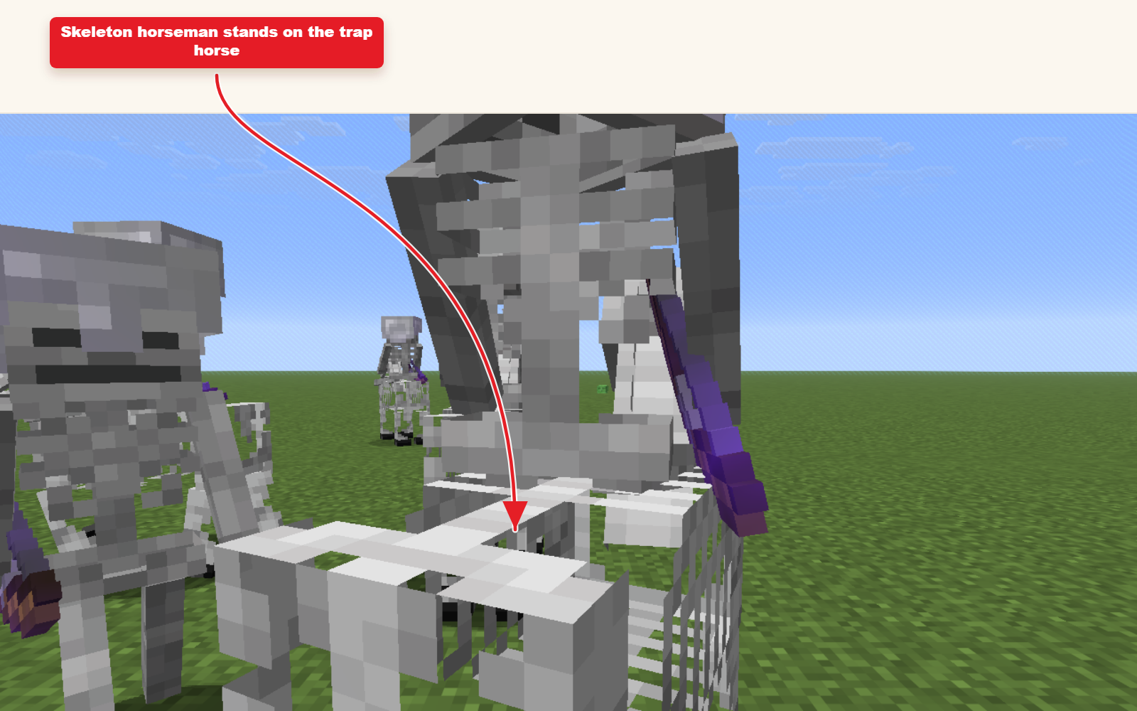 In-game screenshot showing skeleton trap horseman spawned from the preset command.