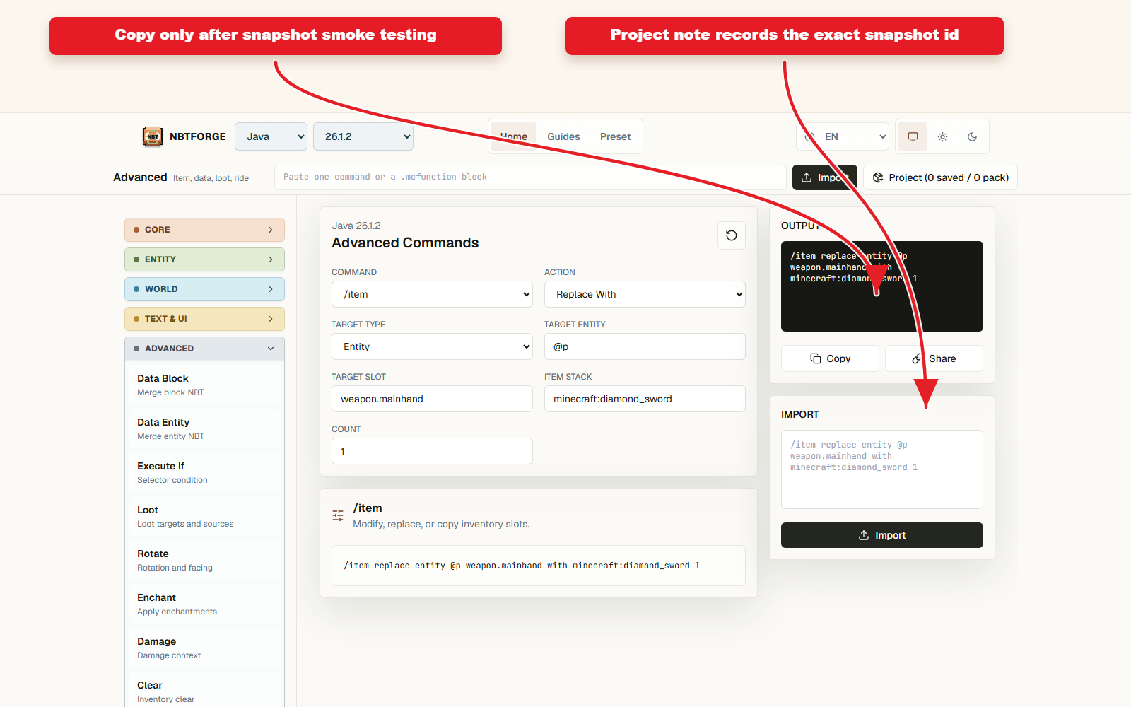 Copy-ready output for Snapshot command preset safety checklist.