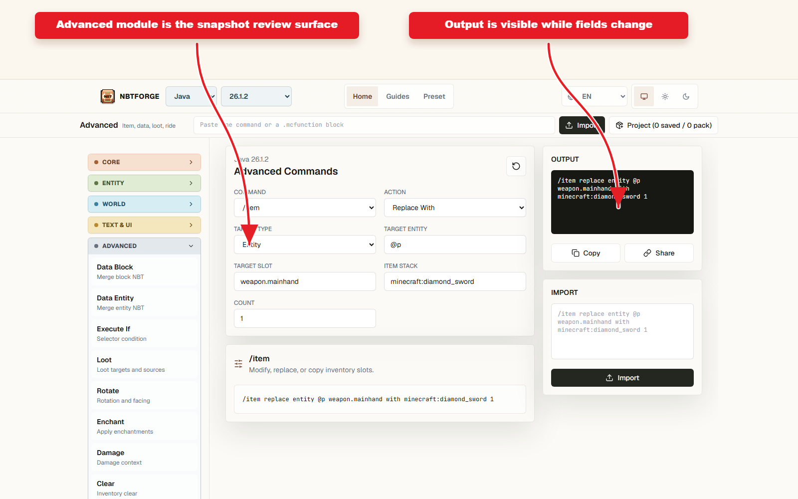 NBTForge Advanced workbench configured for Snapshot command preset safety checklist.