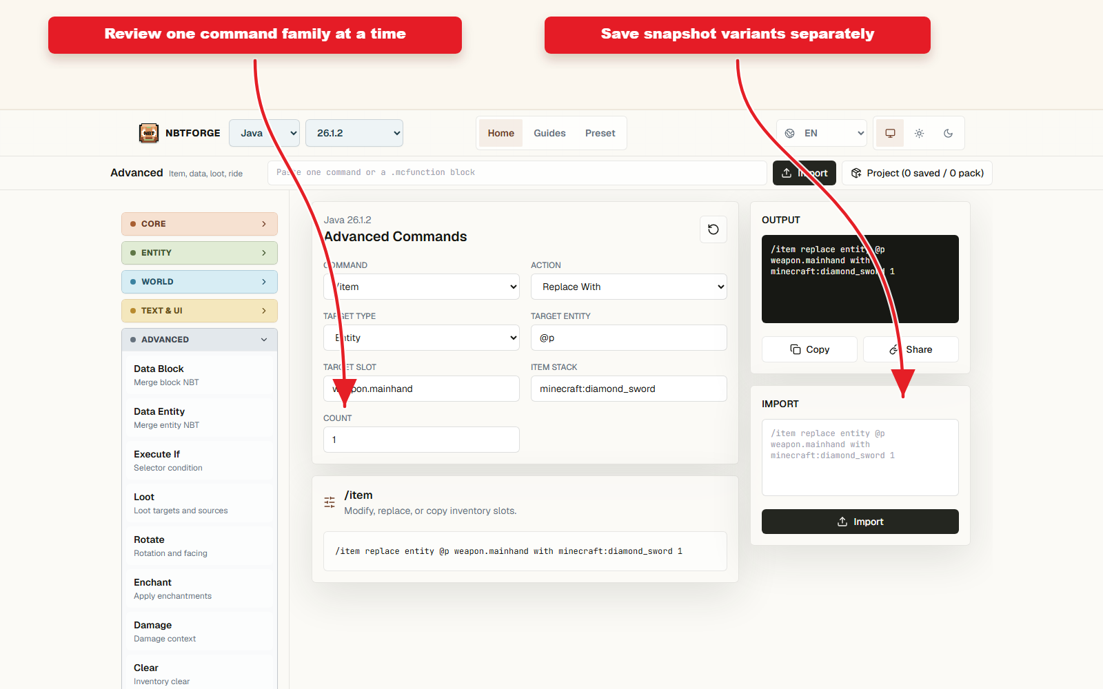 Detailed Advanced controls for Snapshot command preset safety checklist.