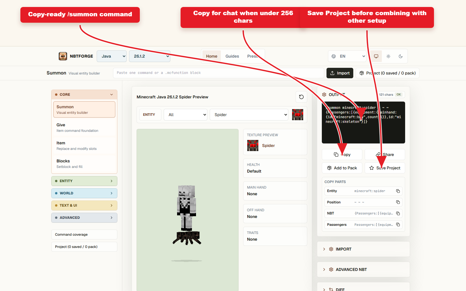 Copy-ready spider jockey summon command in the NBTForge output panel.