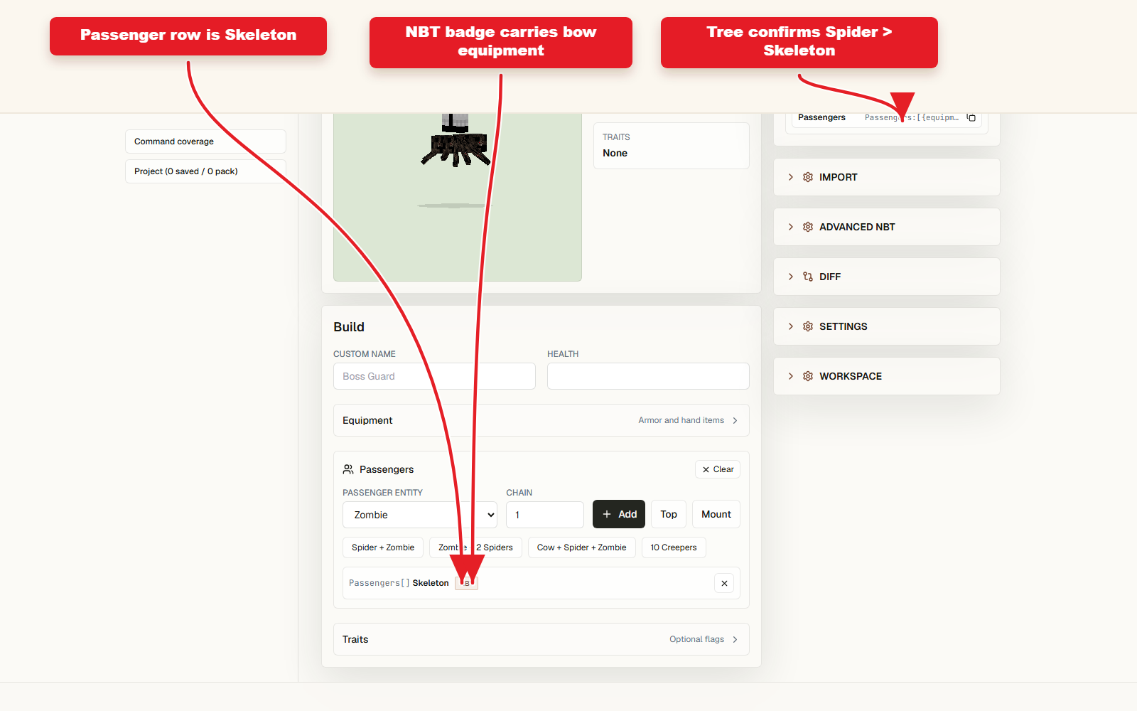 Passenger editor showing the skeleton rider entry for the spider jockey preset.