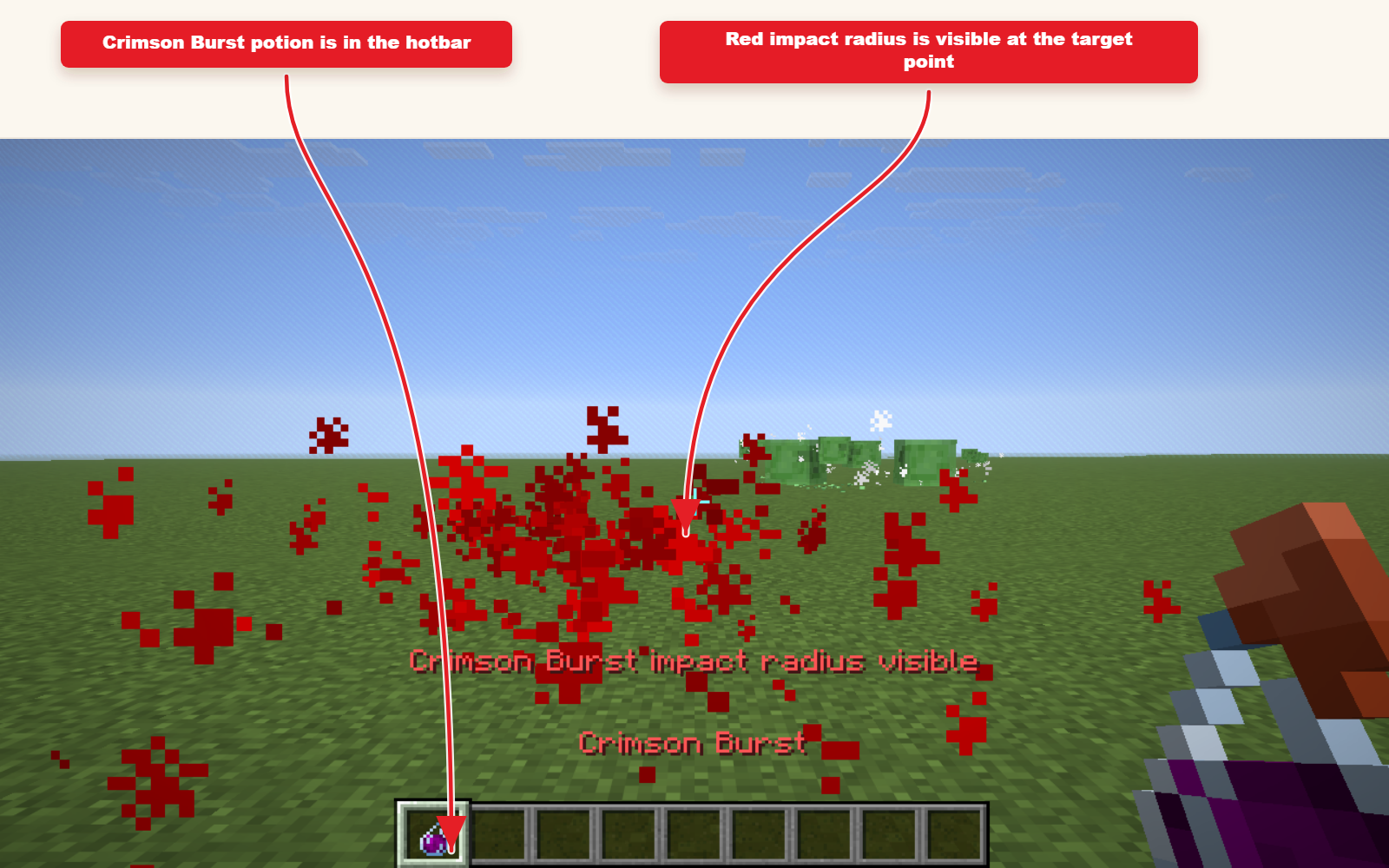 In-game Minecraft screenshot showing the result for Splash potion preset with custom color.