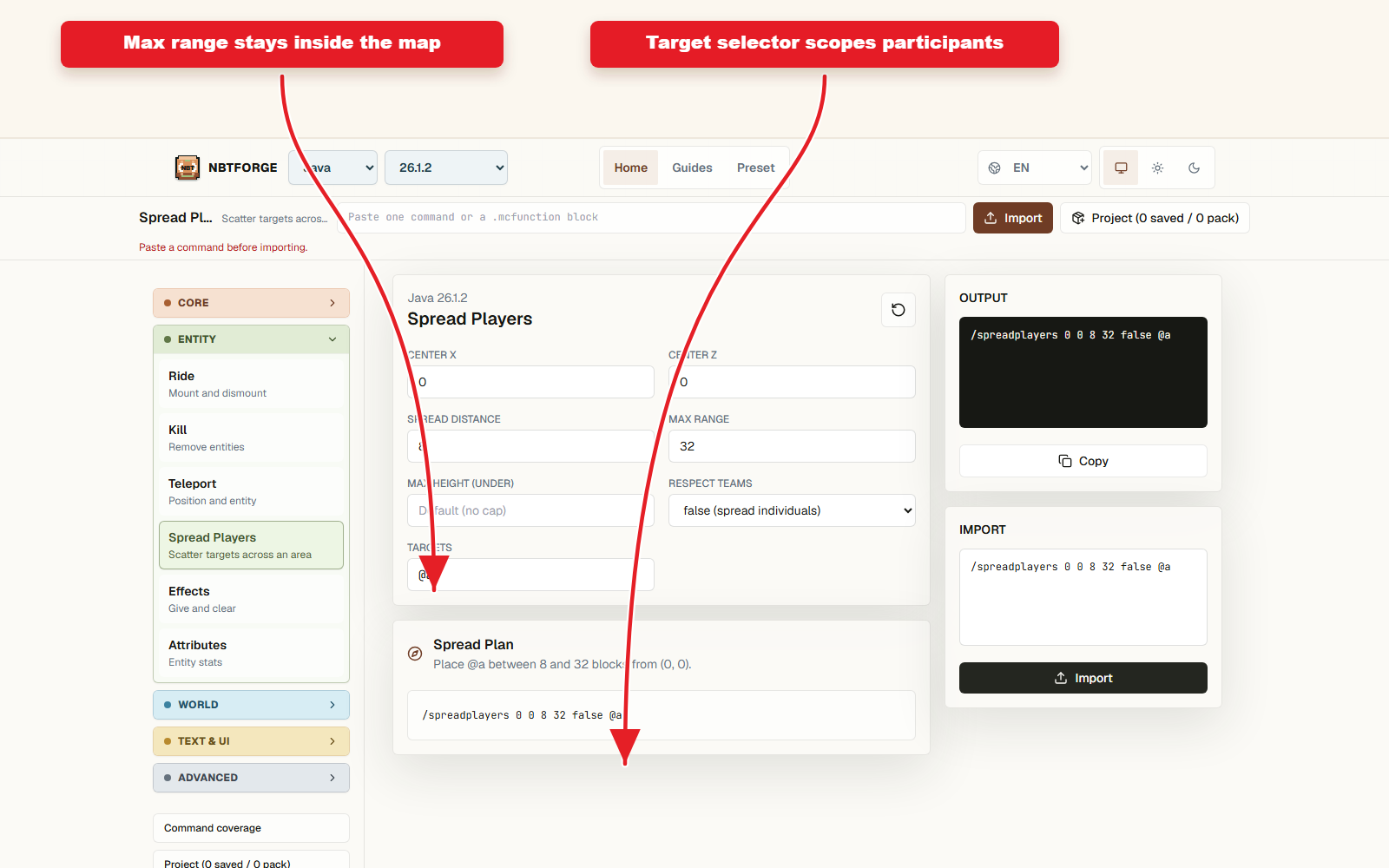 Detailed Spread Players controls for Spreadplayers preset for minigames.