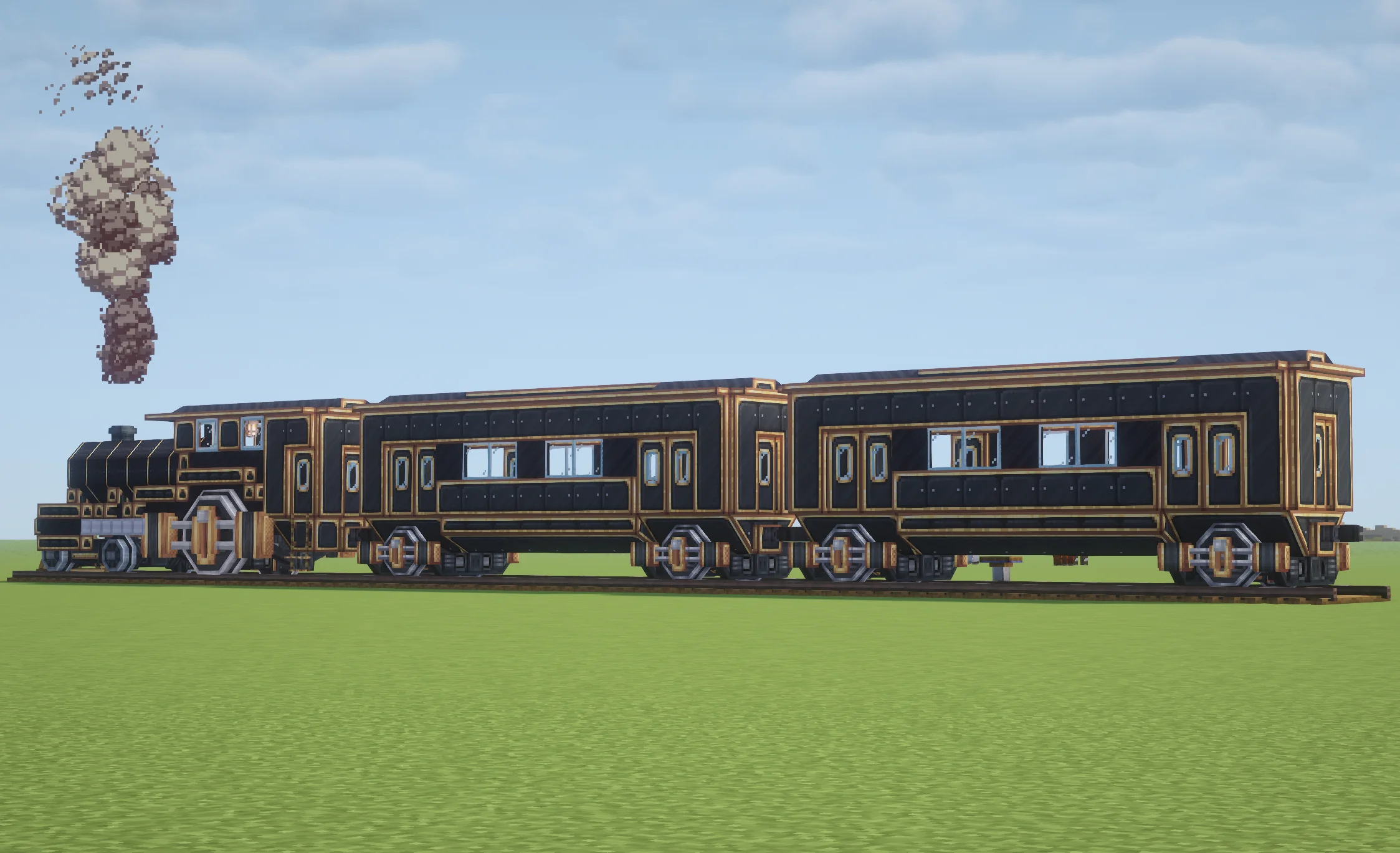 Steampunk Train with Copycat Panel, Railway Casing, Copycat Slope Layer, Copycat Half Panel, Copycat Byte, Copycat Slab, Train Door, and Track Spruce Wide, visible proportions, and a 5 x 6 x 45 schematic footprint.