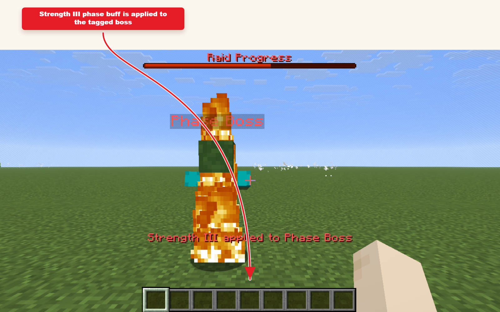 In-game Minecraft screenshot showing the result for Strength effect preset for boss phases.